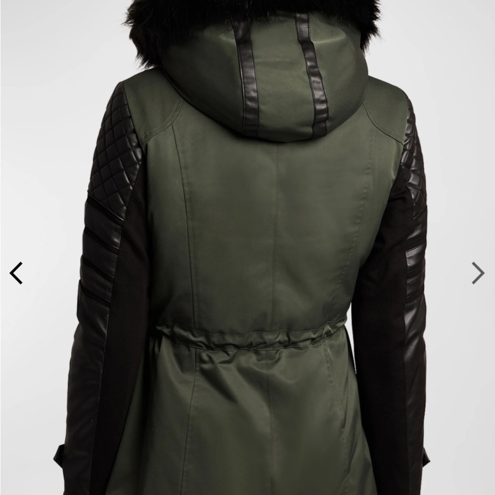 NWT blanc noir coat women small dark green faux fur with faux leather STUNNER - Picture 3 of 6